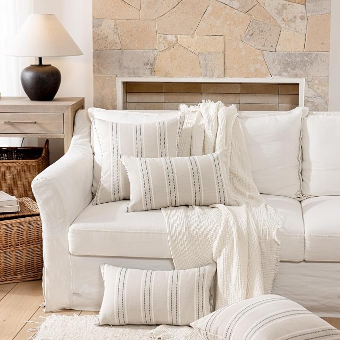 Hckot Grey Decorative Throw Pillow Covers 12x20 Set of 2 Boho Pillow Covers | Striped Farmhouse Pillows Textured Linen Square Cushion Covers for Sofa Couch Bed Living Room Decor(Light Grey)