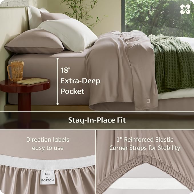 Bedsure PureWoven 100% Viscose Derived from Bamboo, California King Sheets | Organically Grown, Cooling Bed Sheet for Hot Sleepers, 18" Deep Pocket with Corner Straps, Luxury Silky Soft, Light Brown