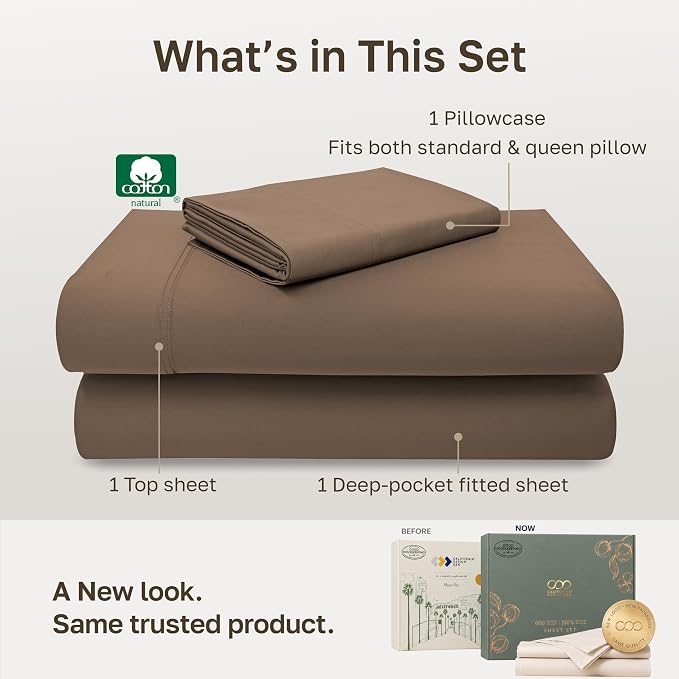 California Design Den 600 Thread Count Cotton Twin Sheet Set, 3 Pcs, Mocha | 100% Cotton Sateen Backed by Good Housekeeping Seal, Soft & Smooth, All-Around Elastic, Durable, Easy Care