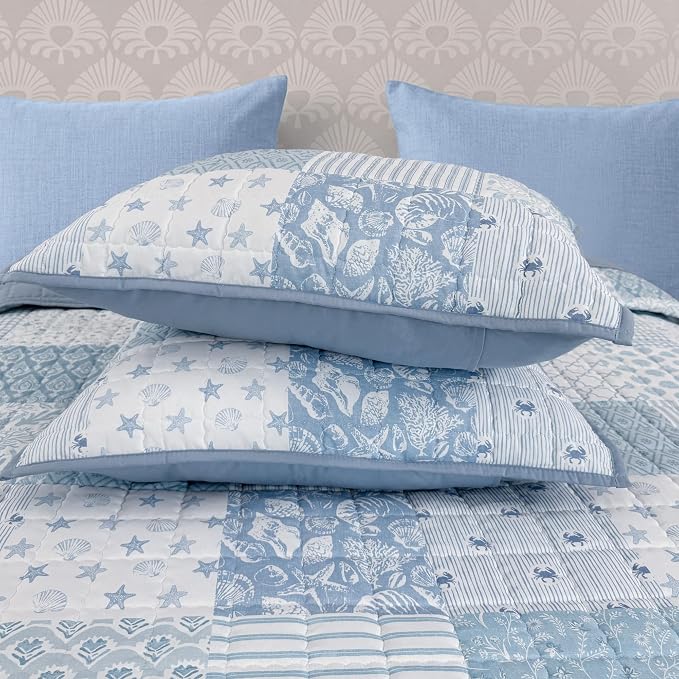 King Quilt Set-3 Pieces Soft Bedding Lightweight Floral Patchwork Coverlet | All Seasons Quilts Queen Size for Bed, 1 Quilt (106" x 94") and 2 Shams (20" x 36"), Vintage Bedspread, Sea Blue