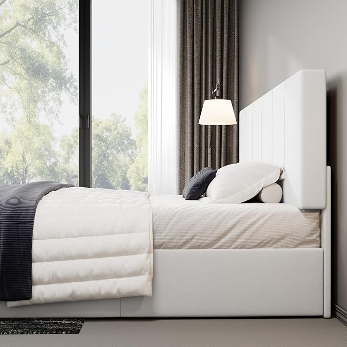 Allewie King Size Dutch Velvet Upholstered Platform Bed Frame/Vertical Channel Tufted Adjustable Headboard/Low Profile Bed Frame/No Box Spring Needed/Easy Assembly/White