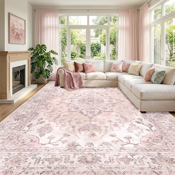 RELEANY Washable Area Rug, Large 9'x12', Pink | Non-Slip, Water Repellent, Pet Friendly, Easy to Clean, Vintage Floral Boho Decor for Living Room Bedroom Dining Room