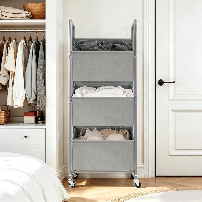 STO STO 3-Tier Vertical Rolling Laundry Hamper, Removable Bags, Gray Faric | 120L Capacity, Space-Saving Vertical Design, Rust-Resistant Steel Frame, Lockable Wheels, Ideal for Apartments & Small Spaces