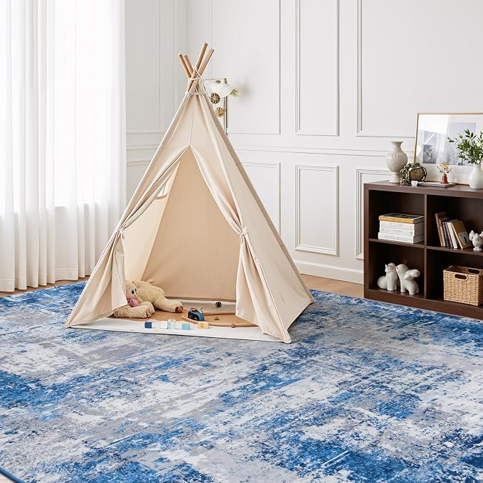 Rugflix 8x10 Area Rugs for Living Room, Washable Blue Grey Large Rug | Machine Washable; Stain-Resistant; Low Pile; Non-Slip; Modern Abstract; Carpet for Bedroom Dining Office Nursery Home