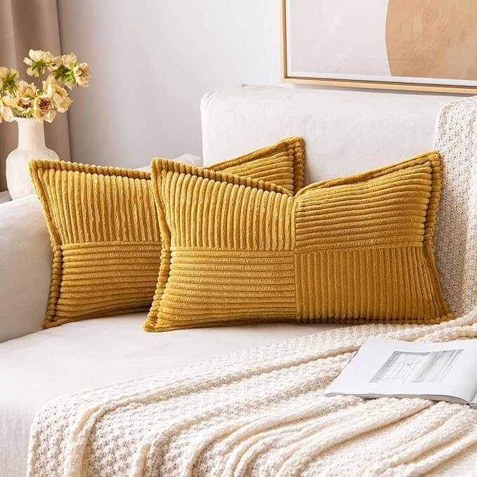 MIULEE Decorative Lumbar Throw Pillow Covers 12x20 Inch Mustard Yellow | 2 Pack, Boho Broadside Striped Patchwork Pillow Covers, Soft Corduroy Cushion Cases, For Couch Sofa Bed Livingroom Home Decor