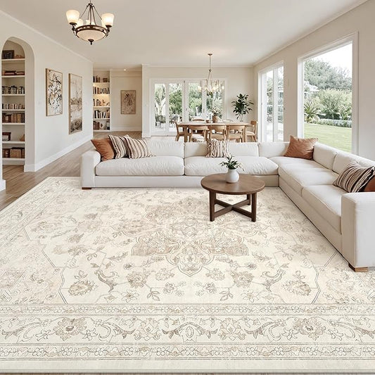 10x14 Area Rugs Living Room: Bedroom Washable Carpet Beige White | Vintage Boho Soft Small Indoor Decor Floor Non-Slip Low Pile Neutral Farmhouse Entryway Laundry Bathroom Bedroom Beside Rugs