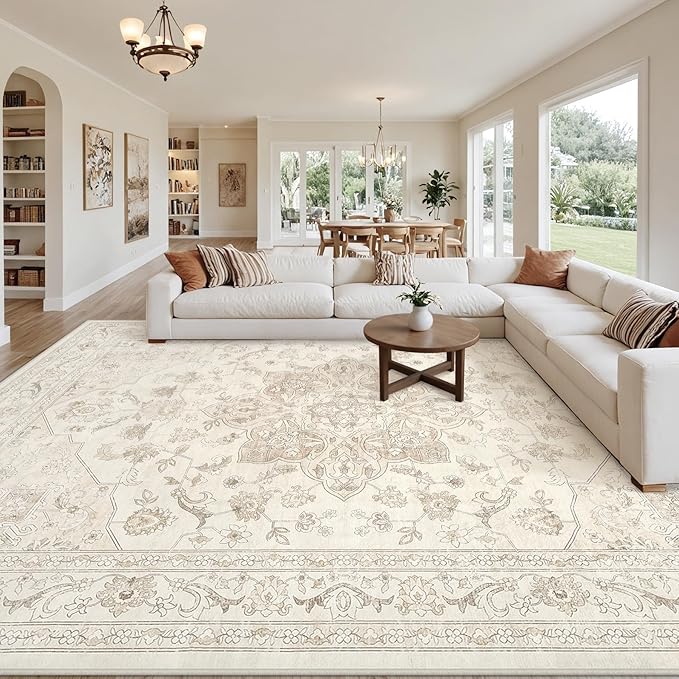 Area Rugs 9x12 Living Room: Bedroom Washable Carpet Beige White | Vintage Boho Soft Small Indoor Decor Floor Non-Slip Low Pile Neutral Farmhouse Entryway Laundry Bathroom Bedroom Beside Rugs