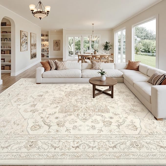 10x12 Area Rugs Living Room: Bedroom Washable Carpet Beige White | Vintage Boho Soft Small Indoor Decor Floor Non-Slip Low Pile Neutral Farmhouse Entryway Laundry Bathroom Bedroom Beside Rugs
