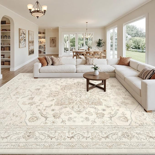 10x12 Area Rugs Living Room: Bedroom Washable Carpet Beige White | Vintage Boho Soft Small Indoor Decor Floor Non-Slip Low Pile Neutral Farmhouse Entryway Laundry Bathroom Bedroom Beside Rugs