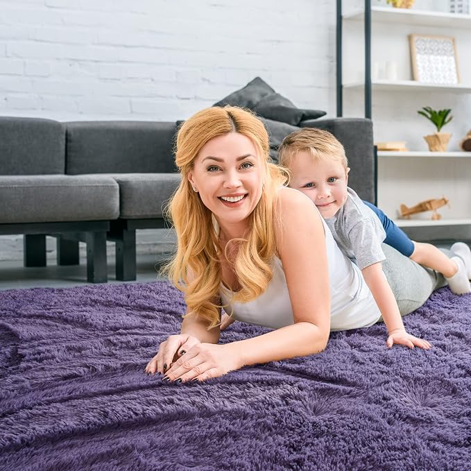 Soft Modern Indoor Large Shaggy Rug for Livingroom Bedroom Dorm Kids Room Home Decorative, Non-Slip Plush Fluffy Furry Fur Area Rugs Comfy Nursery Accent Floor Carpet 8x10 Feet, Grey-Purple