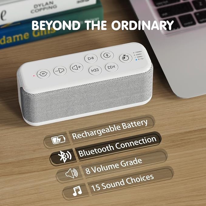 White Noise Machine, Bluetooth Speaker for Sleep, Sound Machine for Office | 15 Soothing Sounds, 3000mAh Battery with Type-C Charging, Auto-Off Timer, 8 Adjustable Volume Levels and Memory