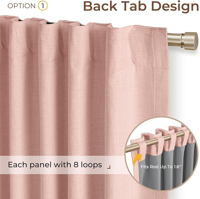 INOVADAY 100% Blackout Linen Curtains for Bedroom 50x90 Inches Blush Pink | Linen Textured, Light Blocking, Room Darkening, Thermal Insulated, Back Tab Top, Window Curtains for Living Room, 2 Panels