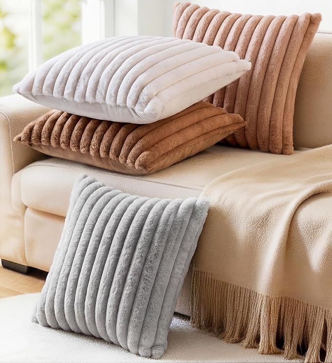 Pack of 2 Throw Pillow Covers 20x20 Decorative Solid Plush Faux Fur with Soft Velvet Back, Square Striped Cushion Cases Modern Farmhouse Home Decor for Living Room Couch Sofa Bed Neutral Gray