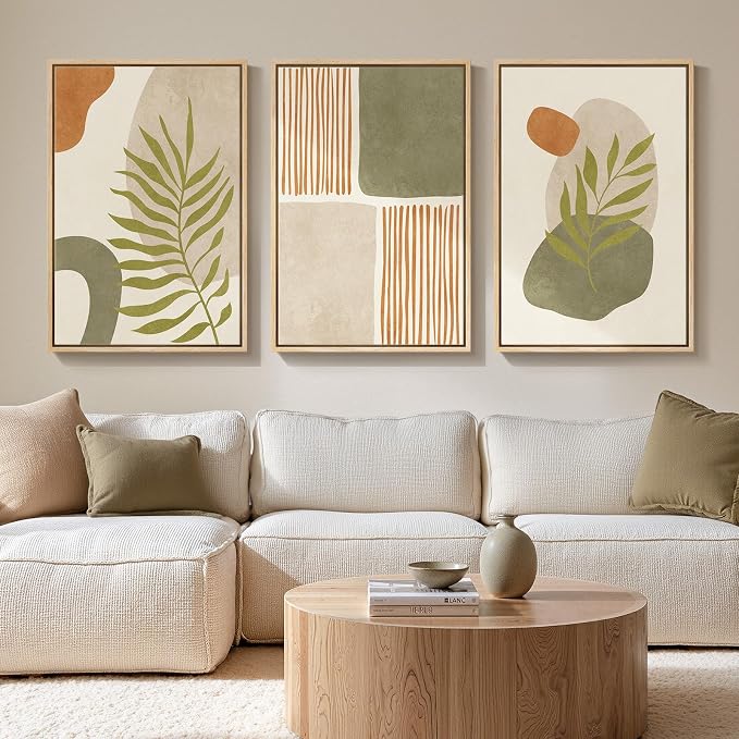 Framed Sage Green Orange Boho Abstract Wall Art for Living Room, 20x30 In | Canvas print, Large 3 piece, Botanical picture, Minimalist painting, Tropical leaf artwork, Geometric, Wall Decor for Bedroom