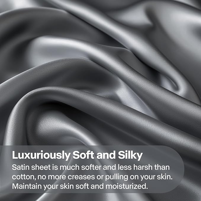 BEDELITE Satin Sheets Twin XL Size Bed Set, Dark Grey, 3 Pieces | Luxury Silky Bed Sheets, 15 Inch Deep Pocket, Similar to Silk, Soft and Cooling, Reduces Friction, Gentle on Hair and Skin
