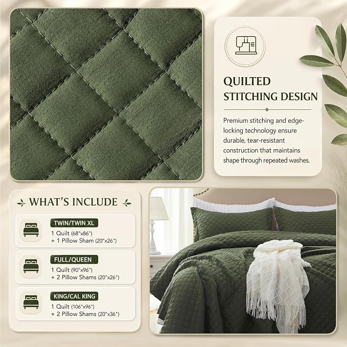 SunStyle Home Queen Quilt Bedding Set, Lightweight Summer Bedspreads,Green | Soft Coverlet With 2 Pillow Shams,Morden Style Quilts for All Season, Suitable for Bed,Couch,Bedroom,Guest Room,90"X96"