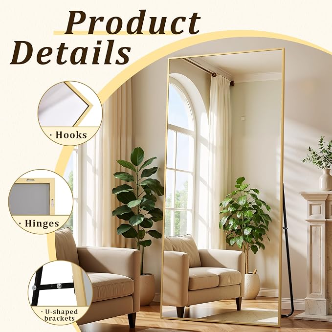 BEAUTYPEAK 80"x40" Rectangle Full Body Floor Mirrors, Full Length Mirror | Hanging or Leaning, Aluminum Alloy Frame Wall Mirror for Bedroom, Dressing Room, Gold