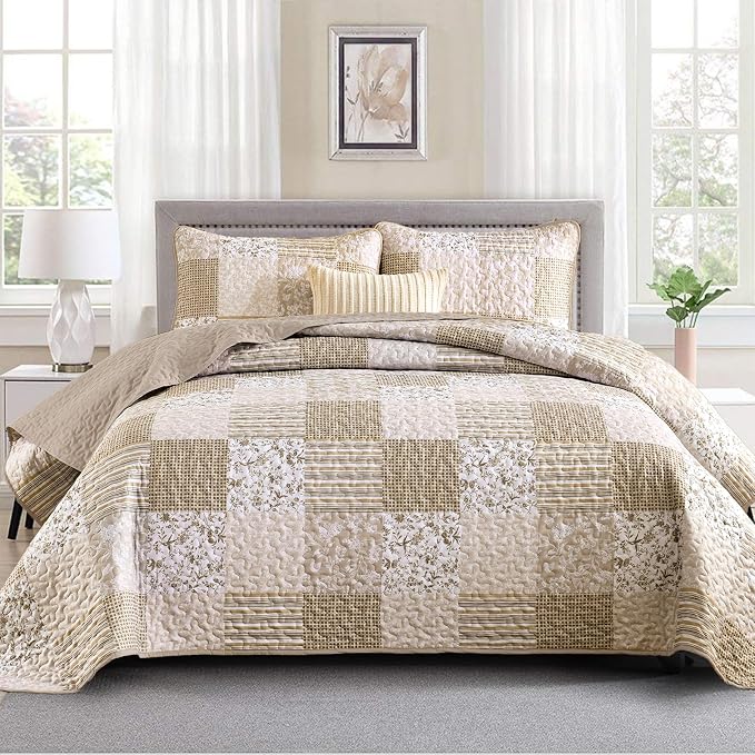 Mybedsoul Boho Quilts Queen Size, Beige Patchwork Floral Bedding Set | Soft Lightweight Microfiber Coverlet Set, 3 Pieces Plaid Reversible Bedspread, Bed Sets for All Seasons 96"x90"