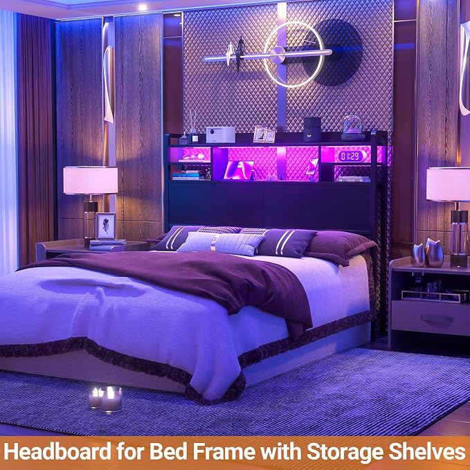 Aheaplus Headboard for Full Size Bedwith Storage and Outlets, Black | Headboards with LED Light, Power Outlets, USB Ports Full Size Head Board, Wood headboard Only Sturdy and Stable Headboards