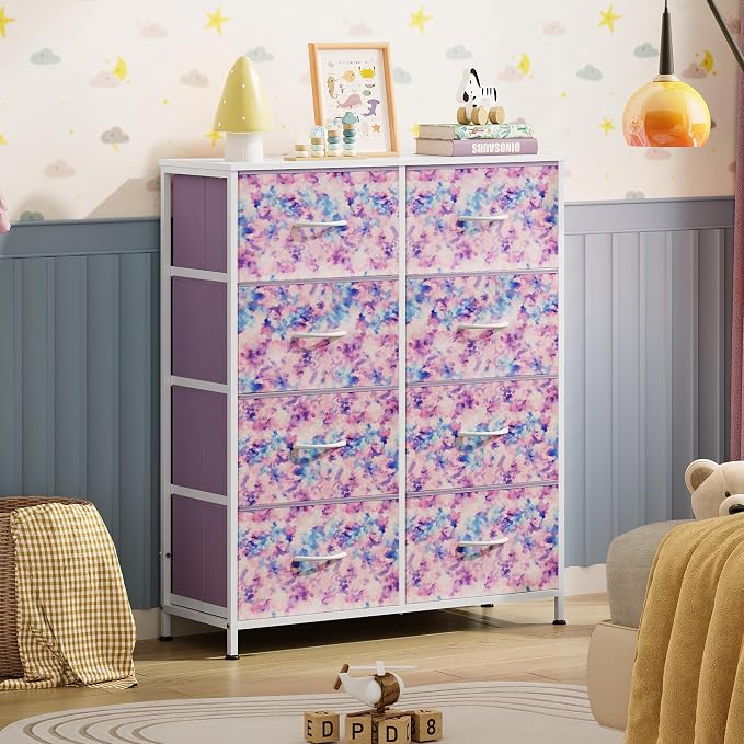 WLIVE 8 Drawer Fabric Dresser for Bedroom, Tall Storage Tower, Tie-dye | 8-drawer tall storage tower with fabric bins and wood tabletop, breathable non-woven, perfect for girls bedroom closet dorm