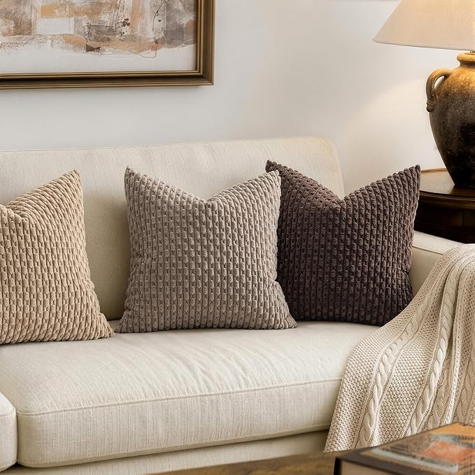 MIULEE Decorative Throw Pillow Covers 20x20 Neutral Brown Textured Corduroy | Pack of 2 Striped Pillow Covers Modern Farmhouse Fall Home Decor for Couch Bed Sofa Living Room