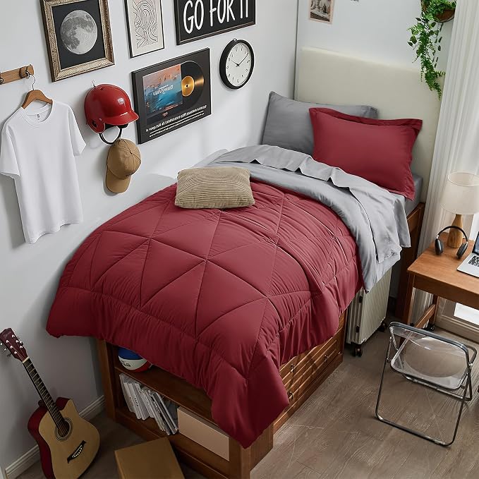 BEDELITE Twin XL Comforter Set 5 Pieces, Reversible Dark Red Bed in A Bag | Soft All Season Down-Alternative Comforter, Sheets, Pillowcases & Shams, OEKO-TEX Certified Bedding for Drom Room, College