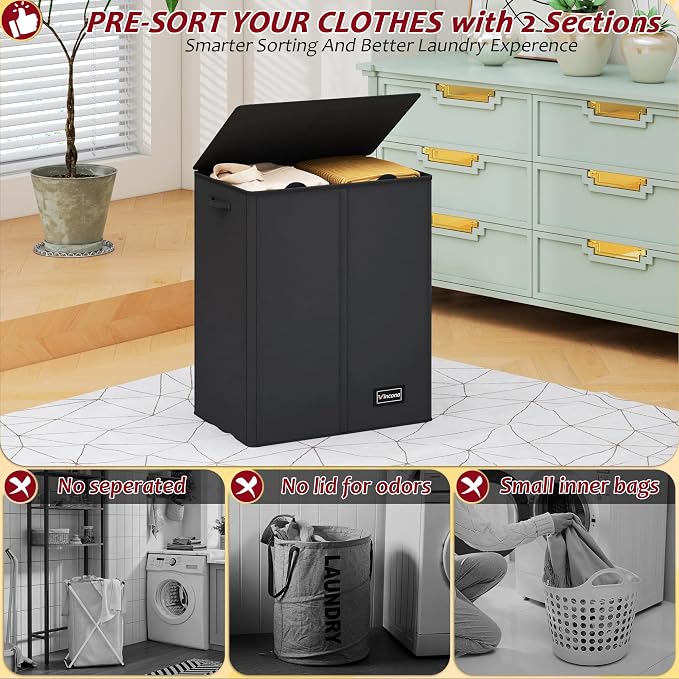 135L Laundry Hamper 2 Section, Large Laundry Hamper with Lid, Dirty Clothes Hamper with 2 Removable Inner Bags, Collapsible Laundry Basket Organizer for for Clothes Toys Towels, Hamper 2 Compartment
