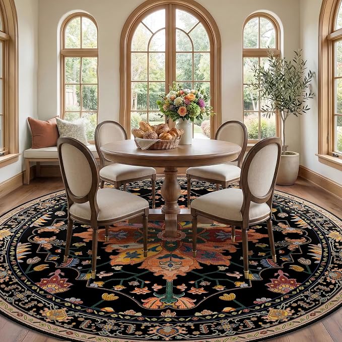 RELEANY Washable Area Rug, Round 10ft, Black/Colorful | Non-Slip, Water Repellent, Pet Friendly, Easy to Clean, Vintage Floral Boho Decor for Living Room Bedroom Dining Room