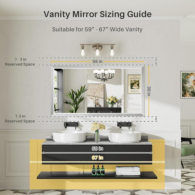 Bathroom Wall Mirror, Silver Brushed Nickel Metal Frame, 55x30 Inch | Anti-rust, HD tempered glass, for bathroom vanity, bedroom, living room, horizontal or vertical mount