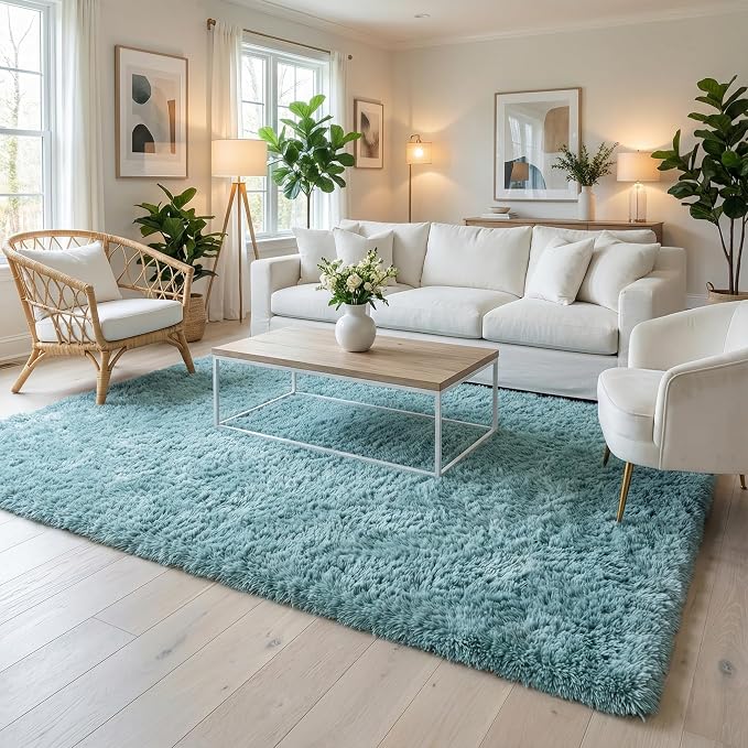 Soft Modern Indoor Large Shaggy Rug for Livingroom Bedroom Dorm Kids Room Home Decorative, Non-Slip Plush Fluffy FurryFur Area Rugs Comfy Nursery Accent Floor Carpet 8x10 Feet, Turquoise Green