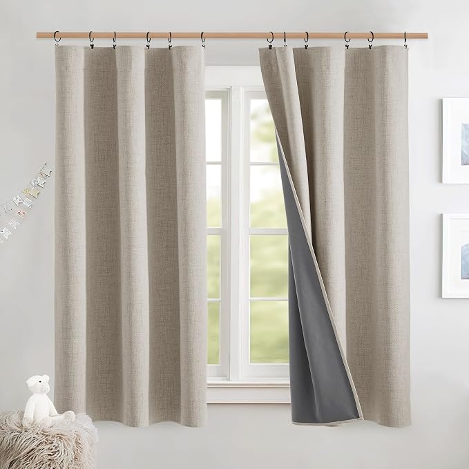 NICETOWN 100% Blackout Curtains for Kitchen 63" L Set of 2, Natural | Thermal Insulated, Flax Textured, Privacy Protection Window Draperies for Kids Room, Rod Pocket & Back Tab, W42" x L63" Each