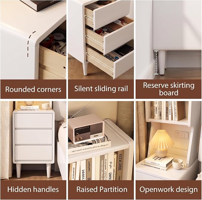 Solid Wood Bookshelf Nightstand Combo, Tall Nightstand with Bookshelf | White Nightstand Bookshelf,Narrow Nightstand with Drawers,Open Shelf Bookcase,for Bedroom,Living Room,Offices