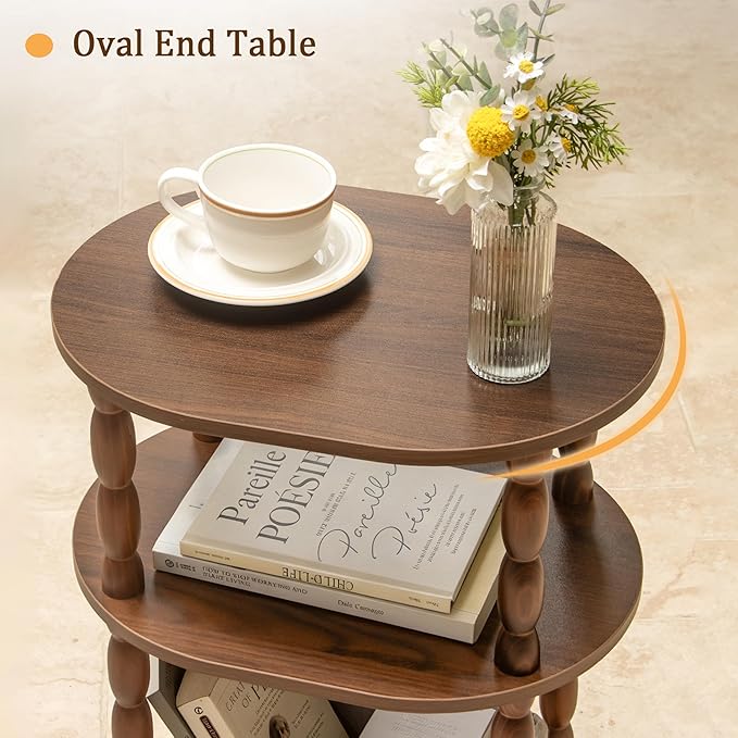 MaxSmeo Small Side Table, 3-Tier Small End Table, Modern Oval Night Stand Accent Table for Living Room, Bedroom, Walnut Brown