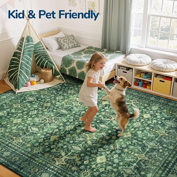 5 x 8 Washable Area Rugs for Living Room,Soft Non Slip Carpet Green | Durable Stain Resistant,Kid Pet Friendly,Compatible with All Vacuums,0.25inch Low Pile for Bedroom Dining Room Home Office