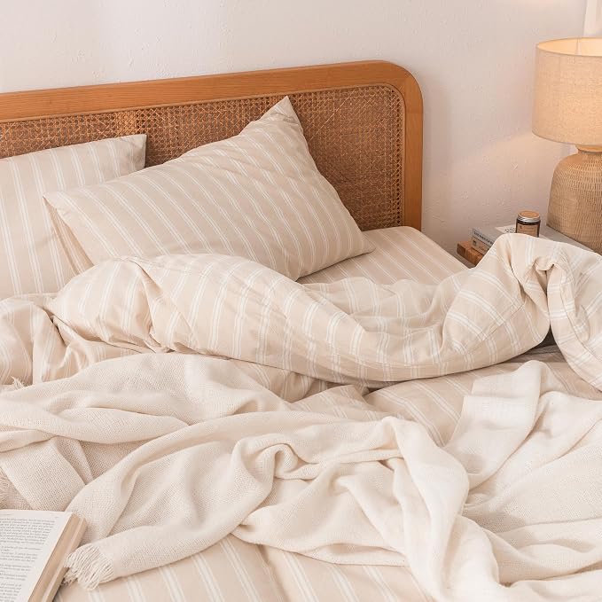 BESTOUCH Striped Cotton Duvet Cover Set Linen Feel Super Queen | 100% Washed Cotton, Soft Wrinkle Texture, Hidden Zipper, 8 Ties, Breathable Lightweight Durable Comfy, 3 Pcs No Insert