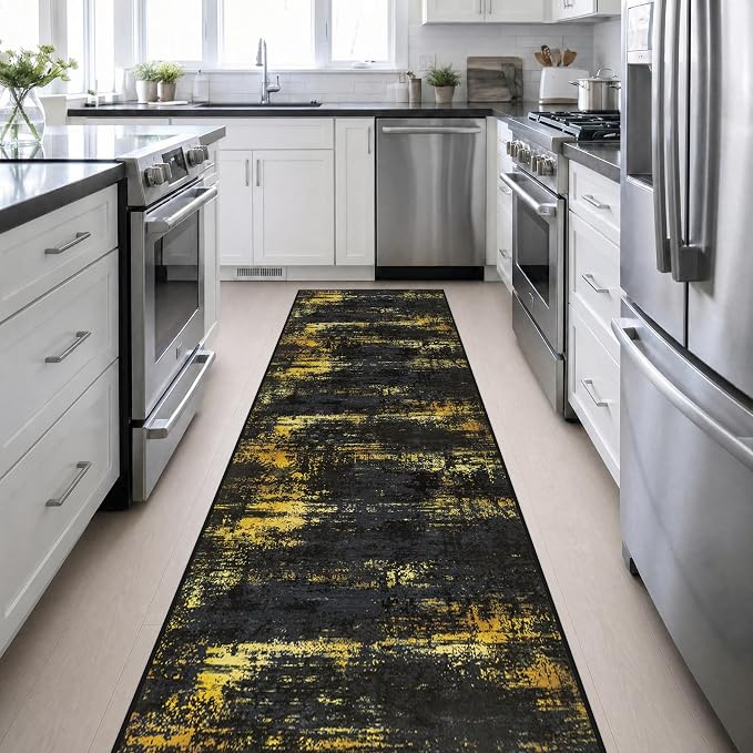 3x14 Washable Runner Rug：Modern Abstract Soft Carpet Black Gold | For Hallway, Bedroom, Kitchen, Laundry, Bathroom,Door Mat,Modern Abstract,Machine washable,Non-Slip,Stain Resistant,Indoor