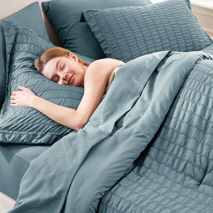 King Comforter Set, 7 Pieces Mineral Blue Seersucker Bed in a Bag | OEKO-TEX Certified, All Season Bedding Set with 240 GSM Down Alternative Comforter, Flat & Fitted Sheets, Pillowcases & Shams