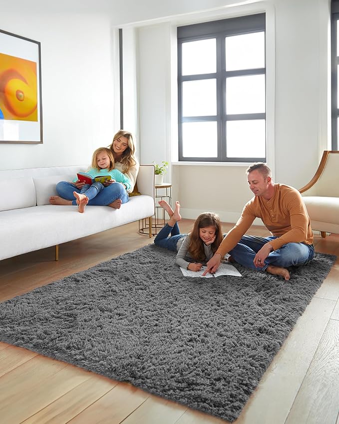 Ophanie Rugs for Living Room, Upgrade Non-Slip Fluffy Soft 5x8 Area Rug, Shag Large Fuzzy Plush Carpets for Bedroom Deep Grey, Shaggy Gray Kids Boys Girls Dorm Decor with Over 99 pcs Pile fibers
