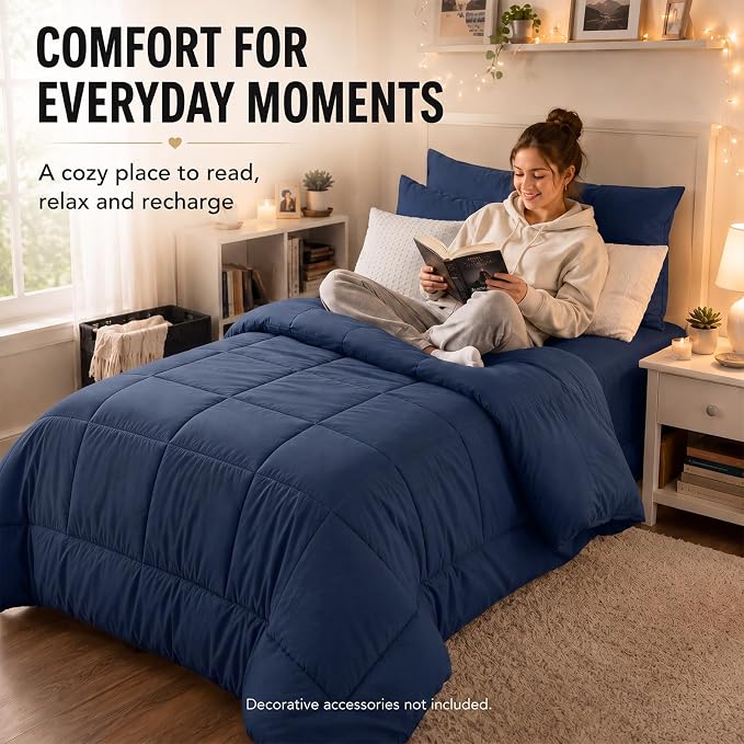 Twin XL Comforter Set Navy Blue - 5 Pieces Twin XL Bed in a Bag | College Dorm Essentials, OEKO-TEX Certified, All Season, Down-Alternative Comforter + Flat & Fitted Sheets + 2 Pillowcases