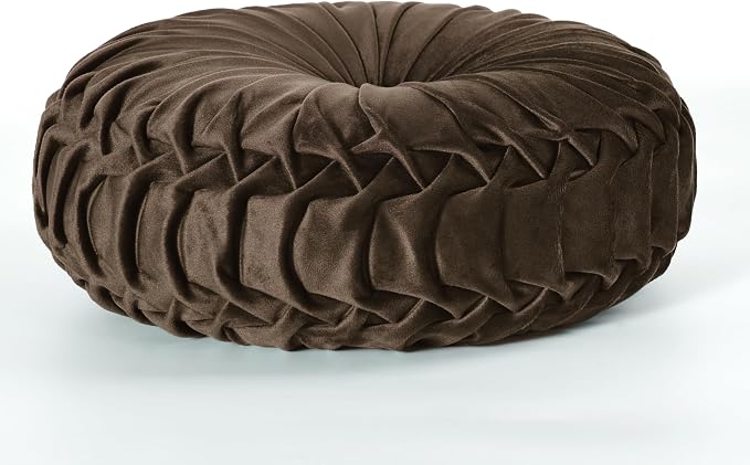 HIG Set of 2 Chocolate Velvet Decorative Round Pleated Throw Pillows | Vintage Floor Pillows, Classy Accent Pumpkin with Center Button, for Sofa Couch Vanity Chair Bed, 14.5" Diameter