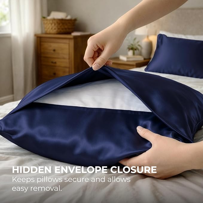 Pure Bedding Satin Pillowcase 2 Pack - Queen Size (20"x30", Midnight Blue) - Silky Pillow Cases for Hair and Skin - Satin Pillow Covers with Envelope Closure - Extra Soft Premium Microfiber