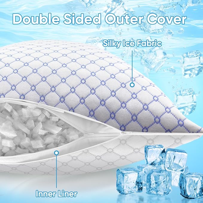 OAISZ Cooling Pillow Queen Size Set of 1, Shredded Memory Foam Bed Pillows | Adjustable Shredded Memory Foam Pillows, Cooling Bed Pillows for Side, Back and Stomach Sleepers, Removable Washable Covers