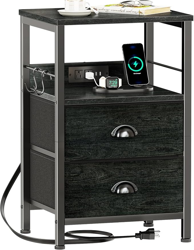 Nightstand with Charging Station for Bedroom, 2 Fabric Drawers, Black Oak | Night Stand with USB Ports & Outlets, Side Table with Storage Shelf & Hooks, Industrial End Table, for Living Room, Dorm