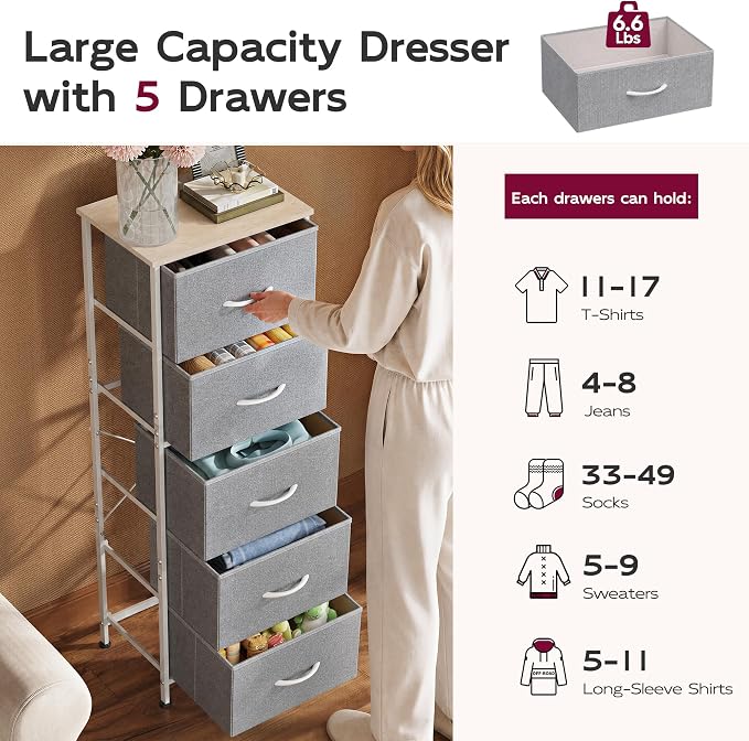 WLIVE Tall Dresser for Bedroom, 5 Drawer Dresser, Light Grey | 5 vertical fabric drawers, Tall vertical design, Bedroom or closet use, Dresser for small spaces, Chest of drawers