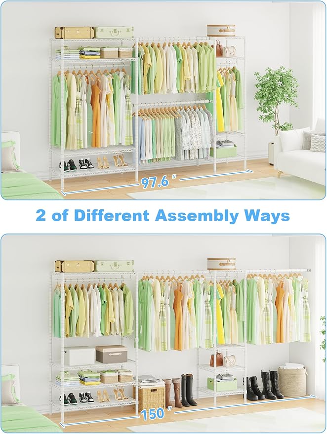 Ulif E11 Heavy-Duty Garment Rack, Metal Clothes Rack, Load 1034lbs, White | Freestanding Expandable Closet Storage Organizer System with 8 Shelves and 4 Hanger Rods, (73.2-97.6)"W x 14.5"D x 71.2"H