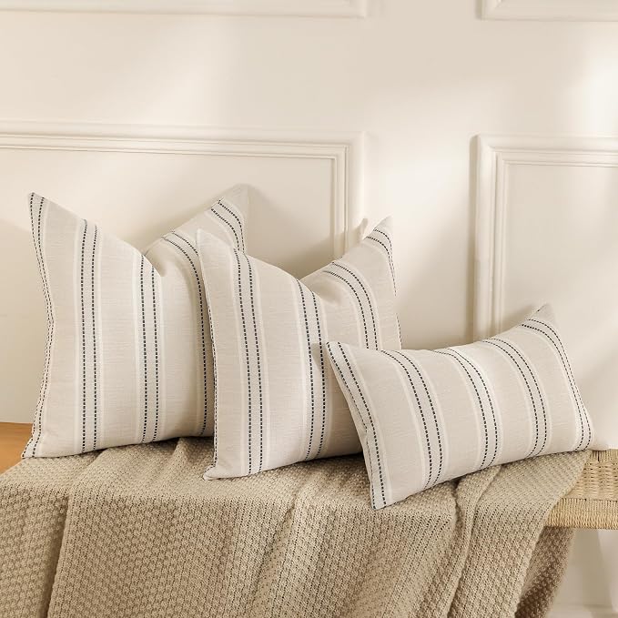 Hckot Decorative Throw Pillow Covers 20x20 Set of 2 Striped Pillow Covers | Textured Linen Grey Pillow Covers Outdoor Farmhouse Throw Pillows for Couch Sofa Bed Living Room Cushion Covers Home Decor