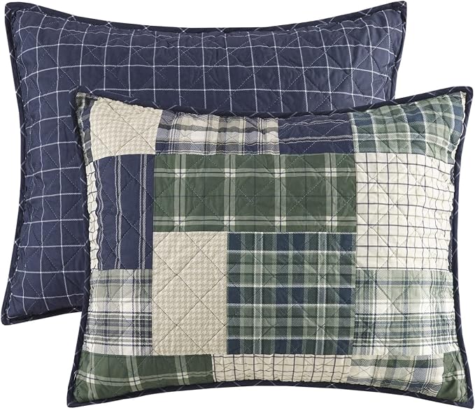 Madison Park Patchwork Farmhouse Green/Navy Queen Quilt Set, 3pc | Diamond Quilted, Reversible Coverlet Set, Plush Cotton Filled, Lightweight, Machine Washable, Easy Care, All-Season, Cozy