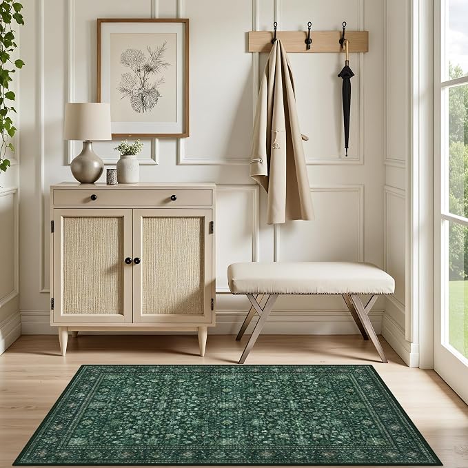 2x3 Area Rugs Living Room: Washable Rug for Bedroom Deep Green | Boho No Slip Stain Resistant Rug Soft Indoor Decor Floor Floral 2x3 Area Rugs for Dining Room, Nursery, Hallway, Home Office