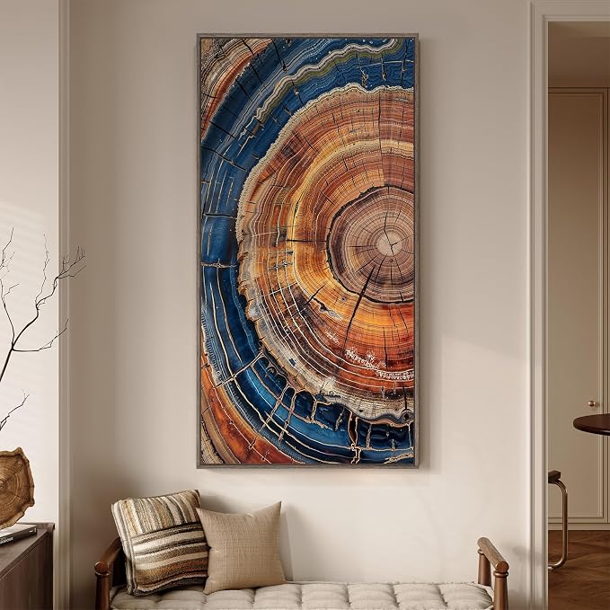 Large Framed Vertical Vintage Tree Ring Wall Art for Living Room, 30x60 In | Rustic, Farmhouse, Nature, Wood grain, Large, Office wall art, Foyer wall decor, Ready to hang, Wood frame, Canvas artwork