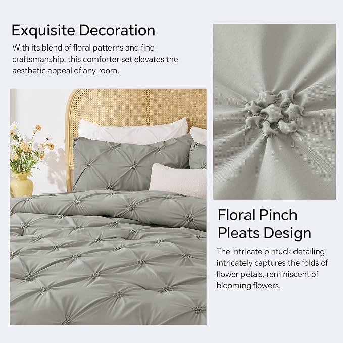 BEDELITE King Comforter Set Grey,Lightweight & Soft Comforter | Pintuck Boho Bedding, Warm & Cute Bed Set for All Season,With 2 Pillowcases